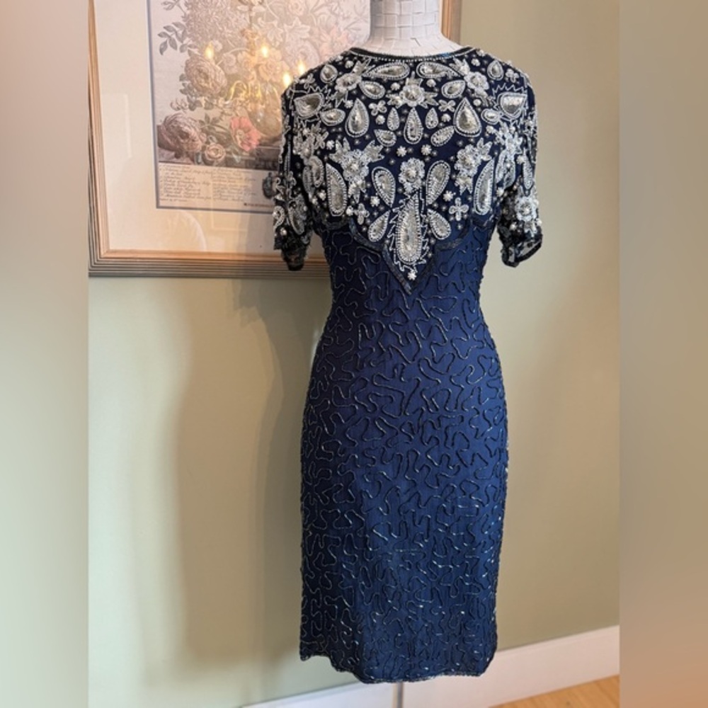 VTG Laurence Kazar Navy Beaded Silk Dress Open Back 90s Gala Cocktail